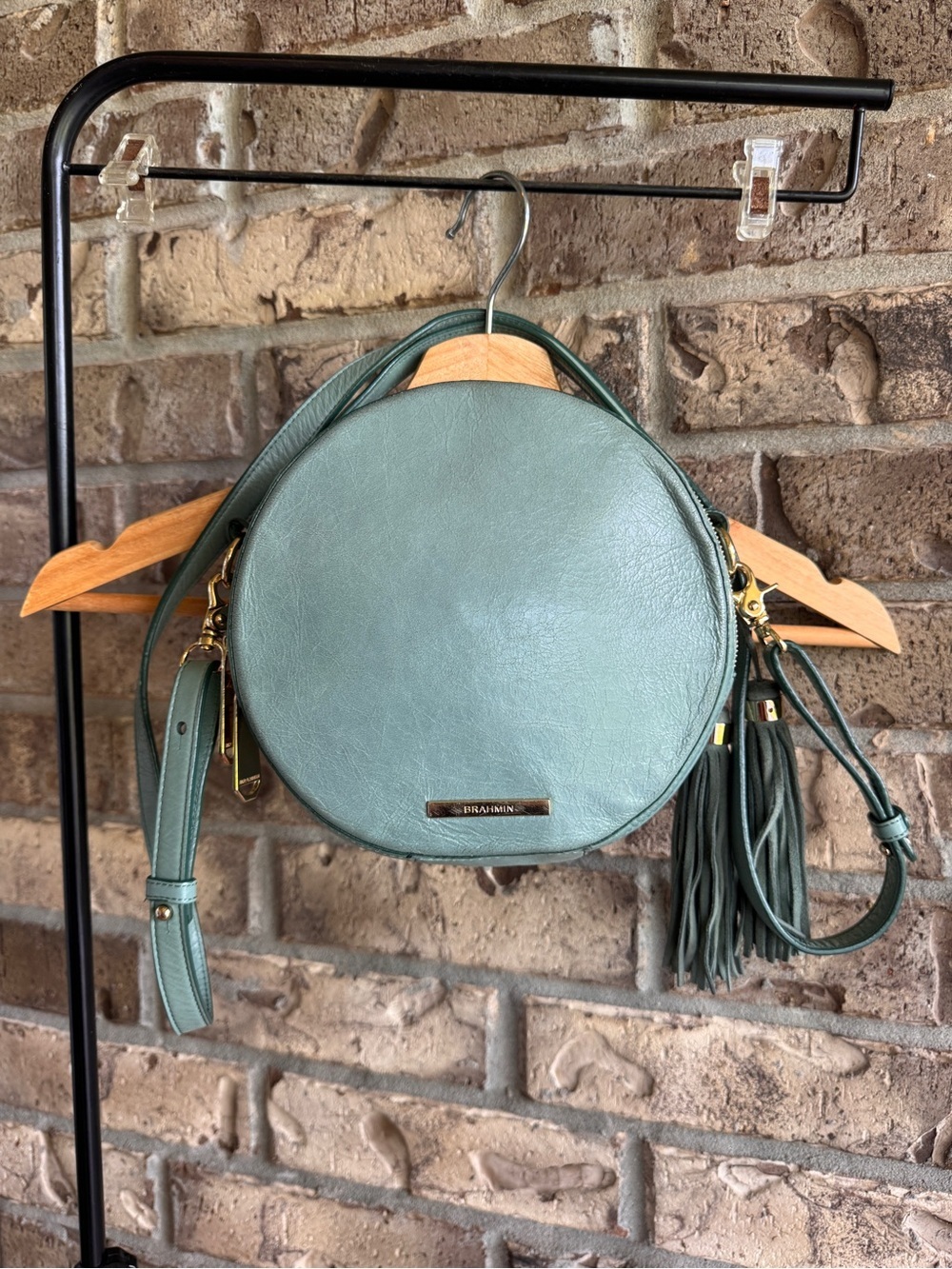 Brahmin Lane Circle Crossbody Bag Sage Green Leather Round Tassel Top Handle - Picture 2 of 16